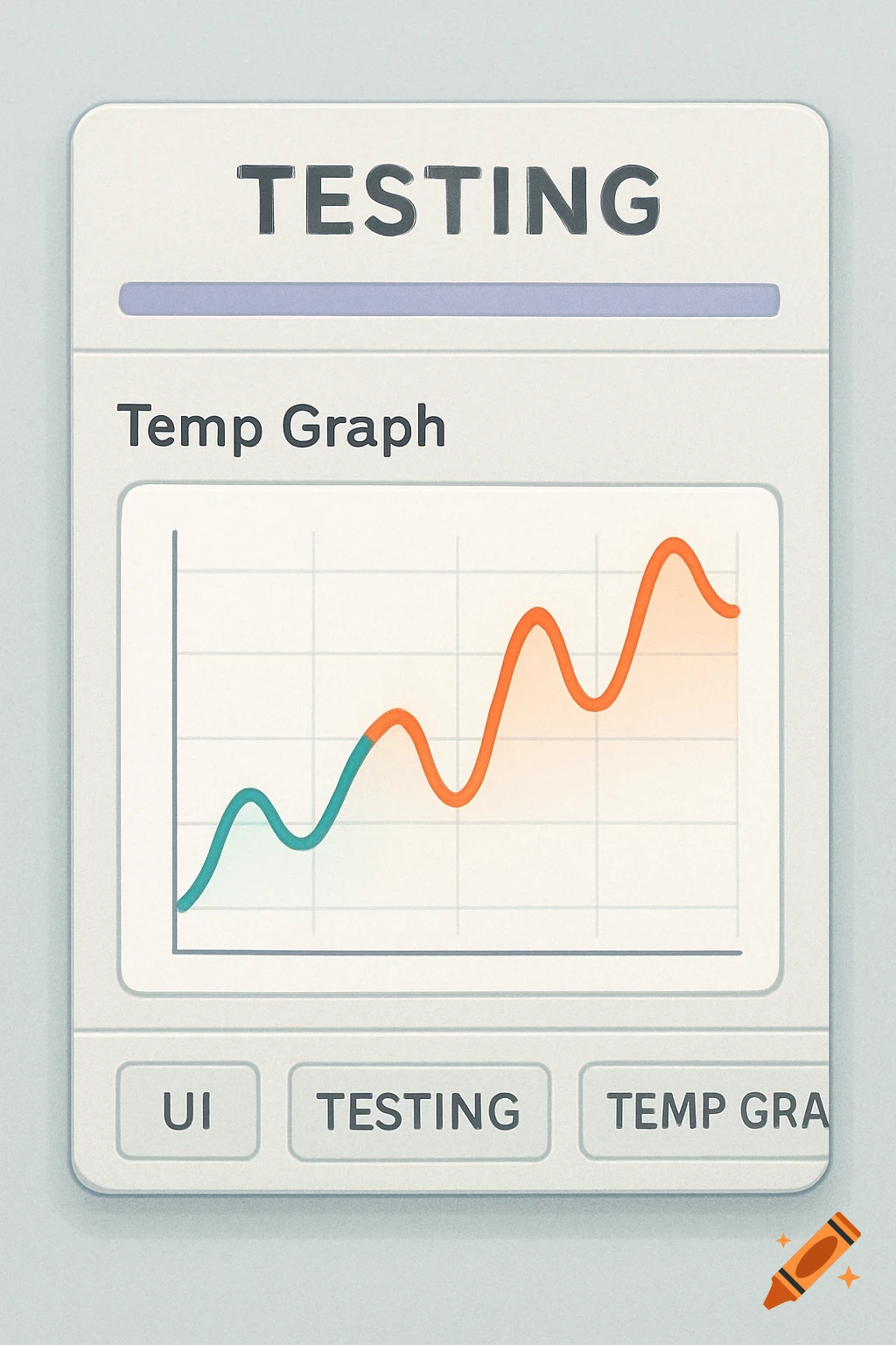 A clean UI card with a 'TESTING' title, a line graph labeled 'Temp Graph' showing a teal and orange line, and UI buttons.