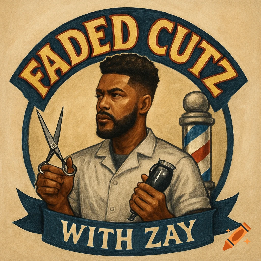 Illustrated barbershop logo featuring a man holding scissors and a barber pole, with text "Faded Cutz With Zay".