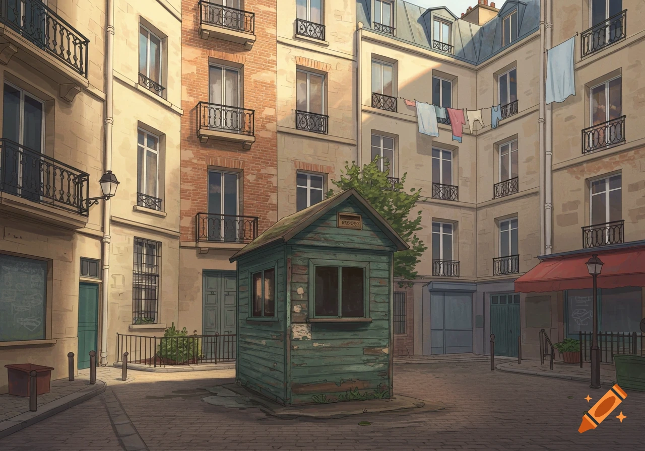 A cartoon-style courtyard in Paris with apartment buildings surrounding a small green concierge cabin and laundry hanging.