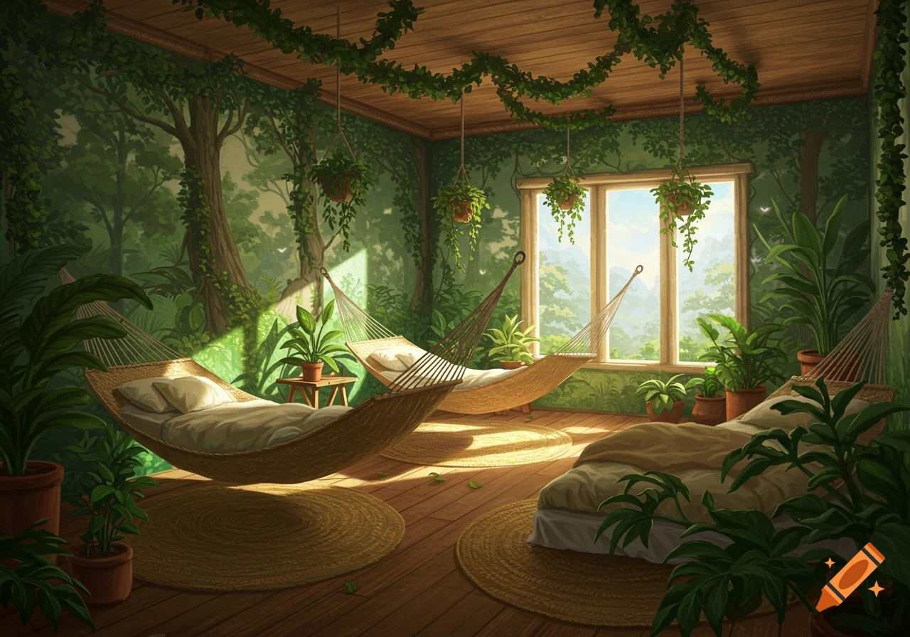 An indoor room designed with a nature theme, featuring lush green plants, a wall mural of a forest, and three hammocks serving as beds.
