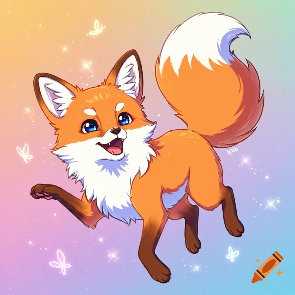 A cute, anime-style orange fox with big blue eyes smiles, leaping against a sparkling pastel rainbow background with butterflies.