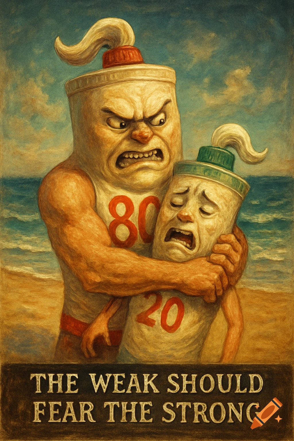 An angry tube with '80' chokes a crying tube with '20' on a beach. Text reads 'THE WEAK SHOULD FEAR THE STRONG'. Stylized painting.