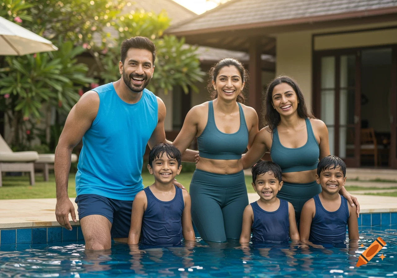 Smiling Indian family, including two women, a man, and three young boys, in sports gear at a swimming pool. Photorealistic.