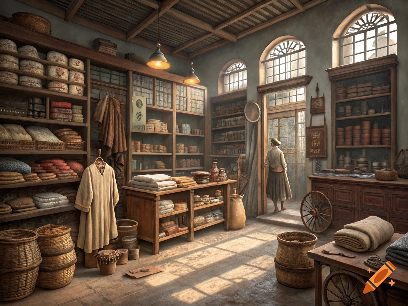A historical shop interior with wooden shelves stacked with fabrics and goods, sunbeams illuminating the floor, and a person looking out a large arched window.