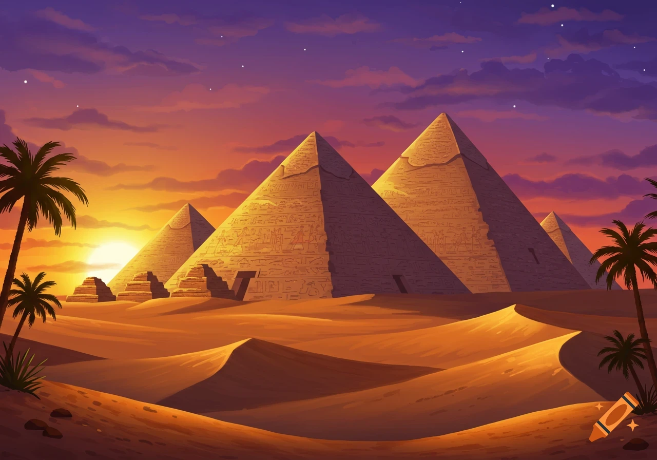 An illustrative view of Egyptian pyramids in a desert landscape at sunset, with palm trees silhouetted against a vibrant sky.