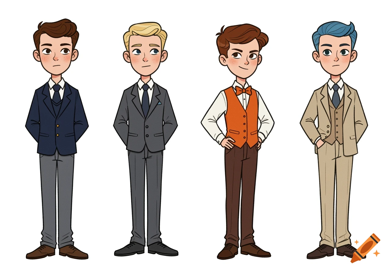 Four cartoon male characters in formal attire, each with distinct hairstyles and outfits, standing against a white background.