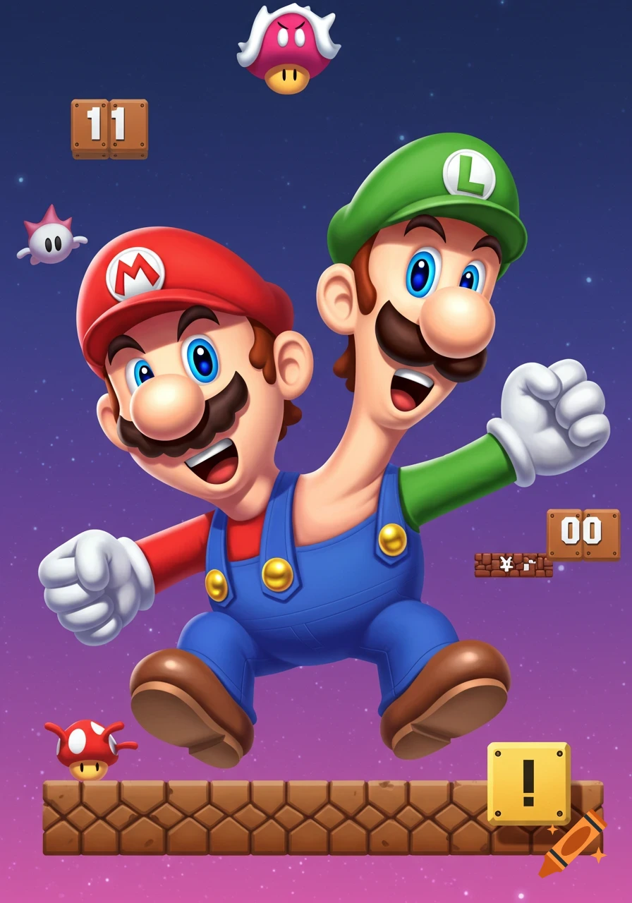 Conjoined Mario and Luigi with one body and two heads, in a vibrant Super Mario Bros. game illustration with classic blocks and enemies.