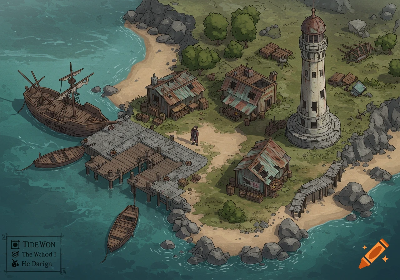 An isometric overhead map of a tideworn coastal village with a crumbling wharf, a half-sunken ship, rundown shacks, and a decrepit lighthouse.