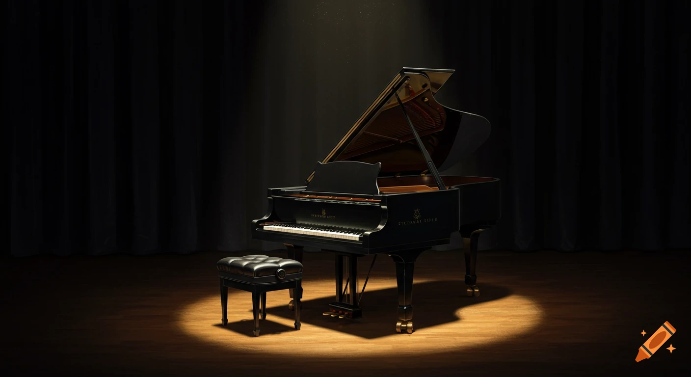 A black grand piano with its lid open, and a matching bench, sits on a wooden stage floor under a single spotlight, with dark curtains in the background.
