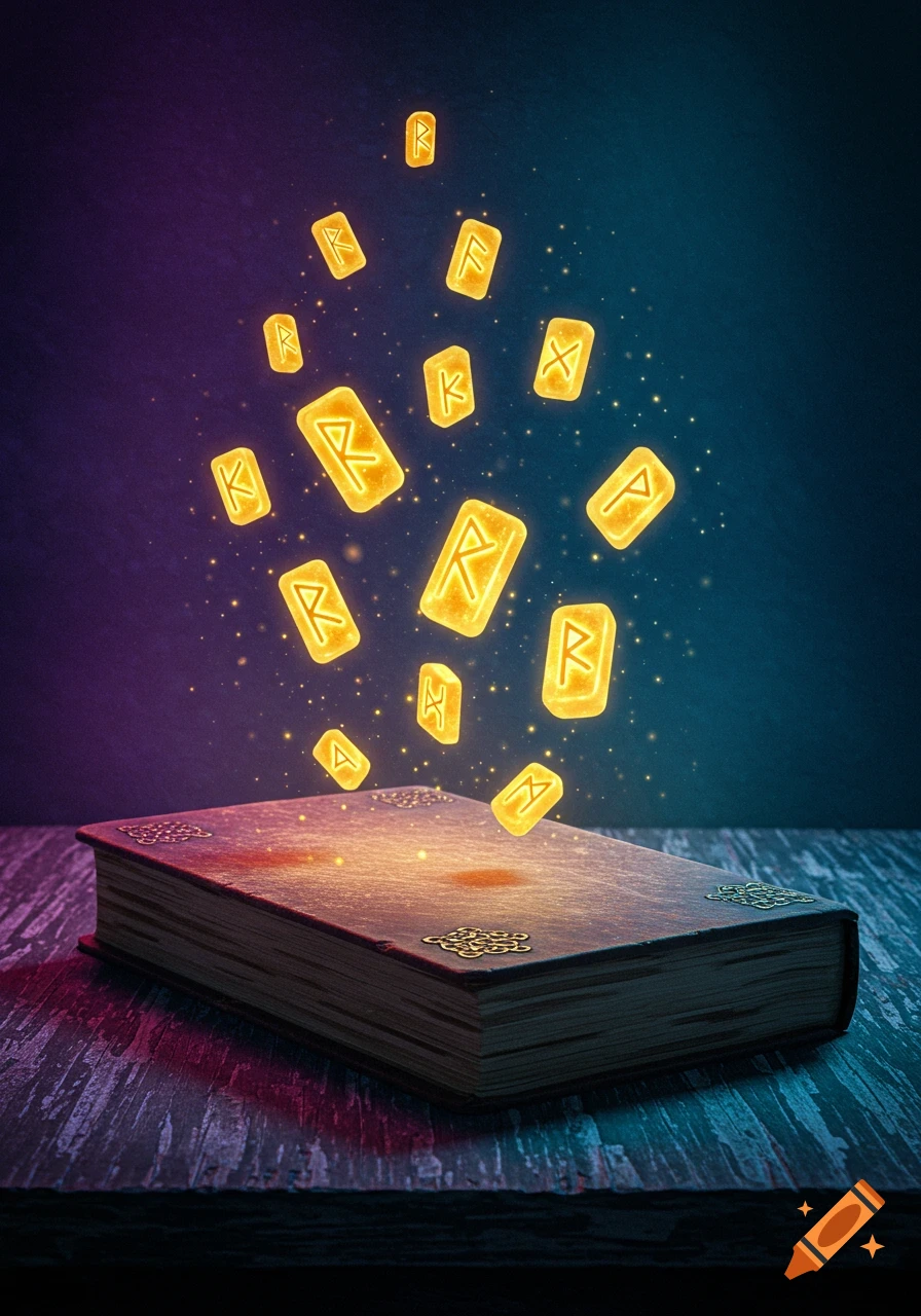An ancient book with glowing golden runes floating above it, emanating light in an eerie setting.