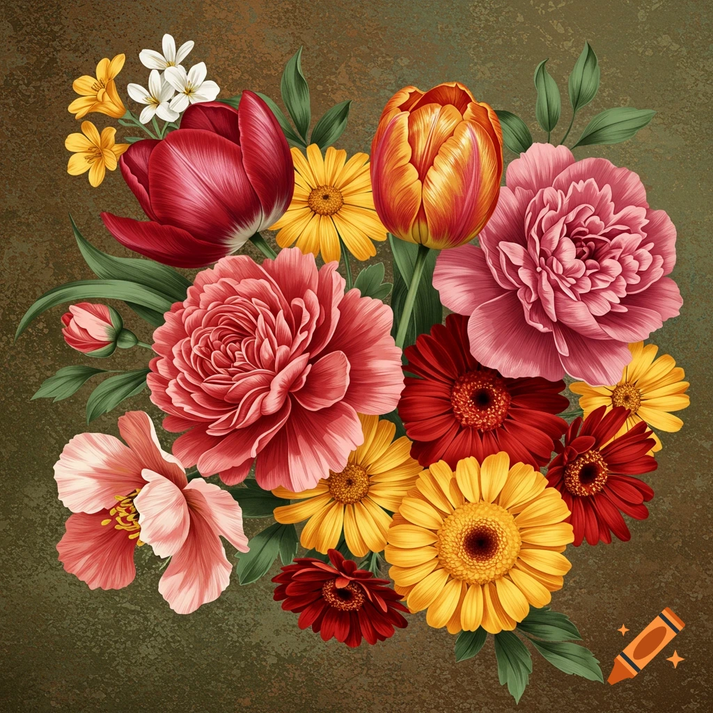 A vibrant bouquet of red, pink, yellow, and white flowers with green leaves, set against a dark textured background in an illustrative style.