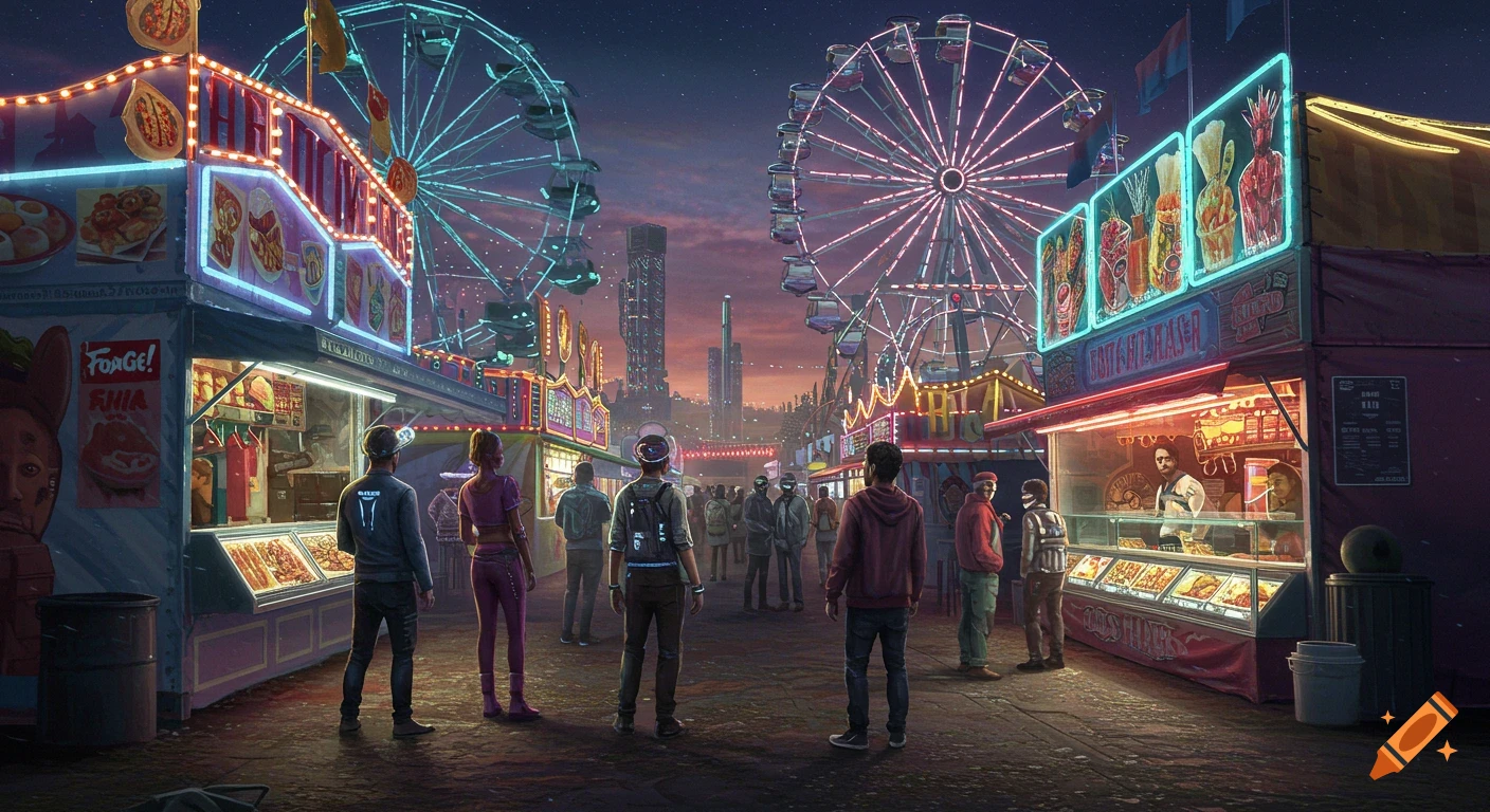 A futuristic county fair midway at dusk, with glowing neon food stalls and two large Ferris wheels, and people walking around.