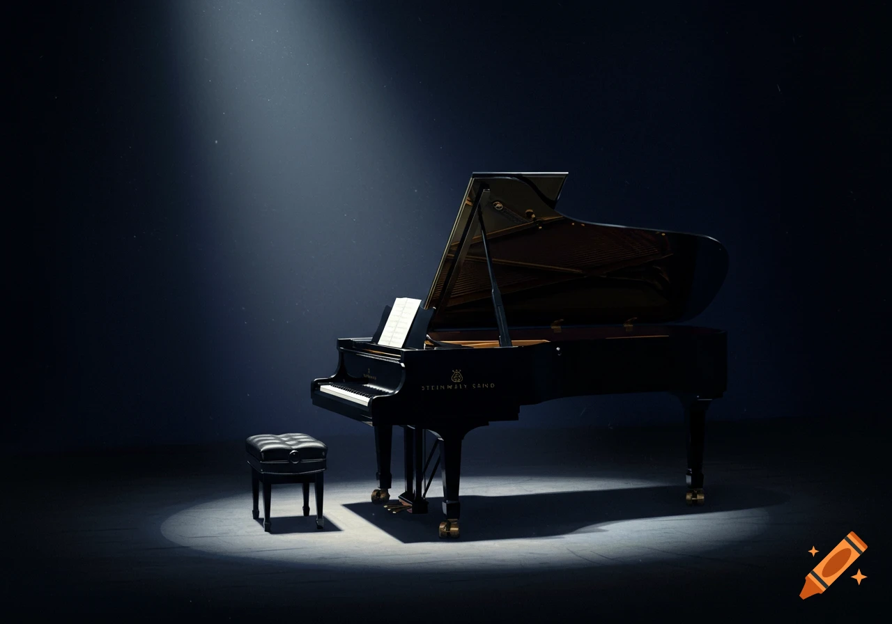 A black grand piano under a bright spotlight on a dark stage.