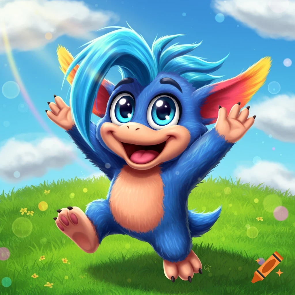 A joyful blue furry creature with large eyes and colorful ears runs through a sunny green field, arms outstretched, with a faint rainbow.