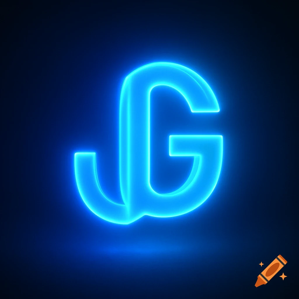 A blue glowing 3D logo featuring the letters 'JG' against a dark background.