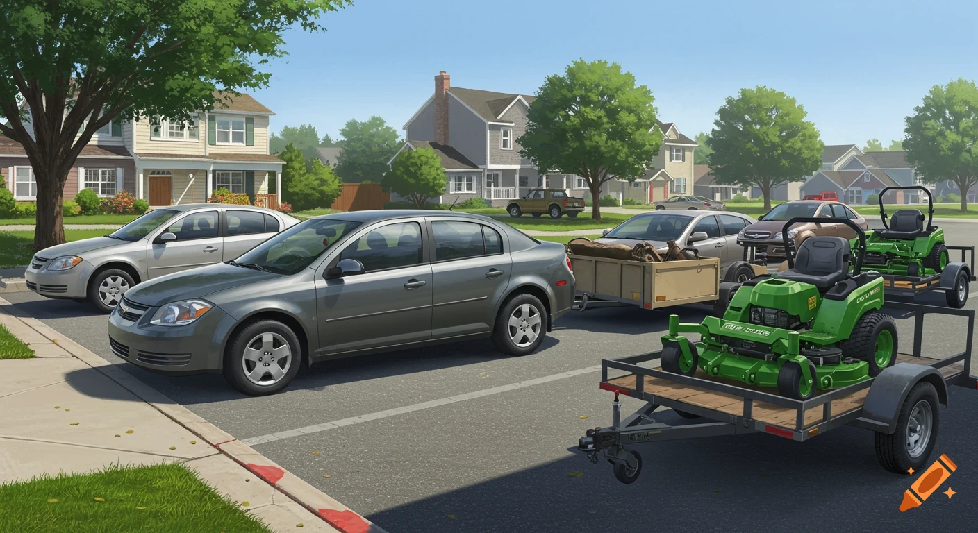 A fleet of gray cars with trailers, each carrying a green zero-turn lawn mower, parked on a suburban street in front of houses.