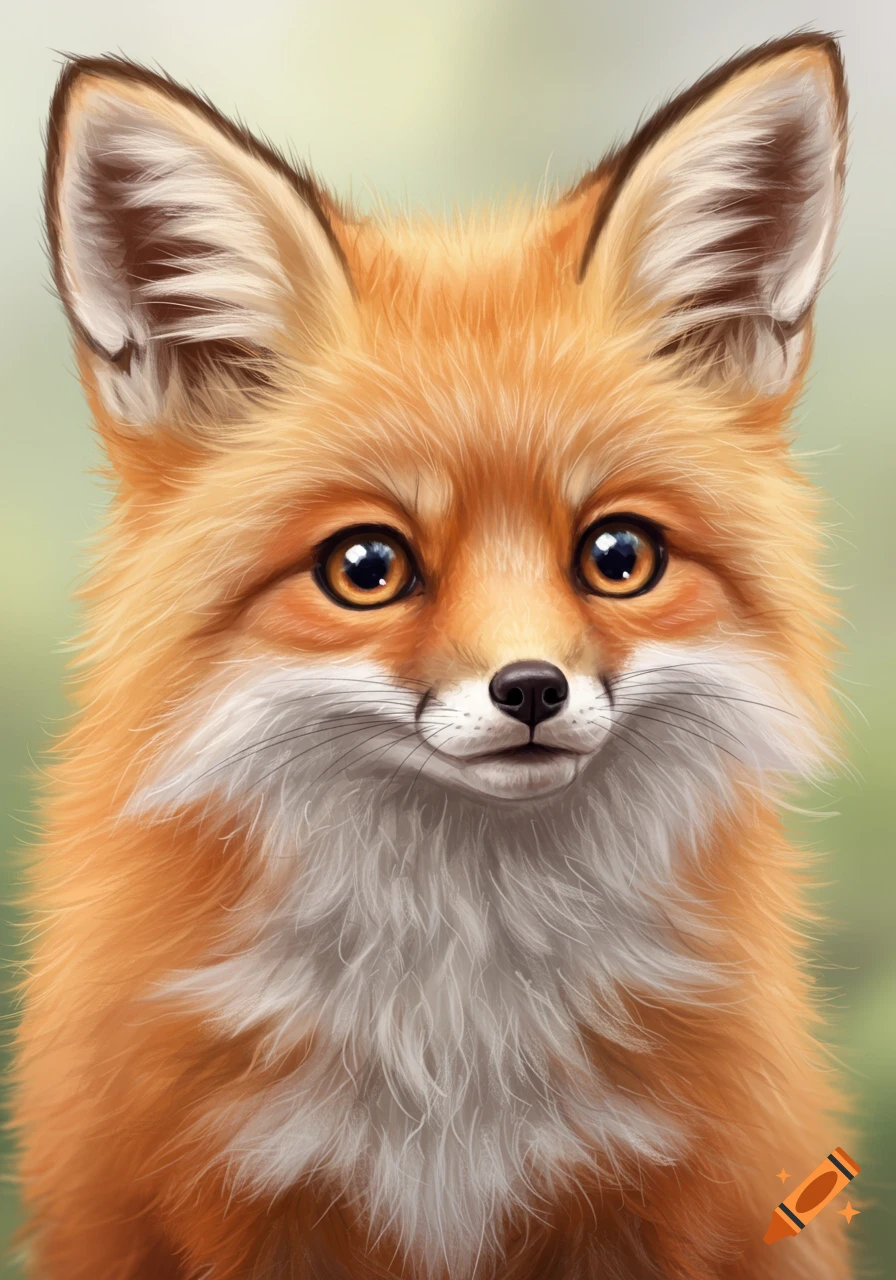 A close-up portrait of a fluffy, orange-red fox with white fur on its chest and face, and large, dark eyes, against a soft green background.