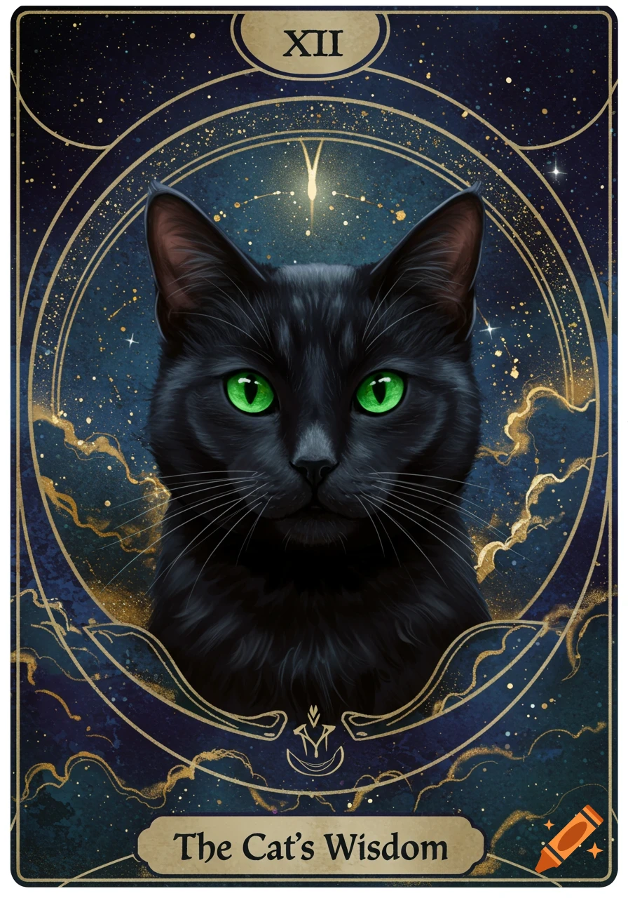 A black cat with bright green eyes on a celestial tarot card with gold patterns. Text reads 'XII' and 'The Cat's Wisdom'.