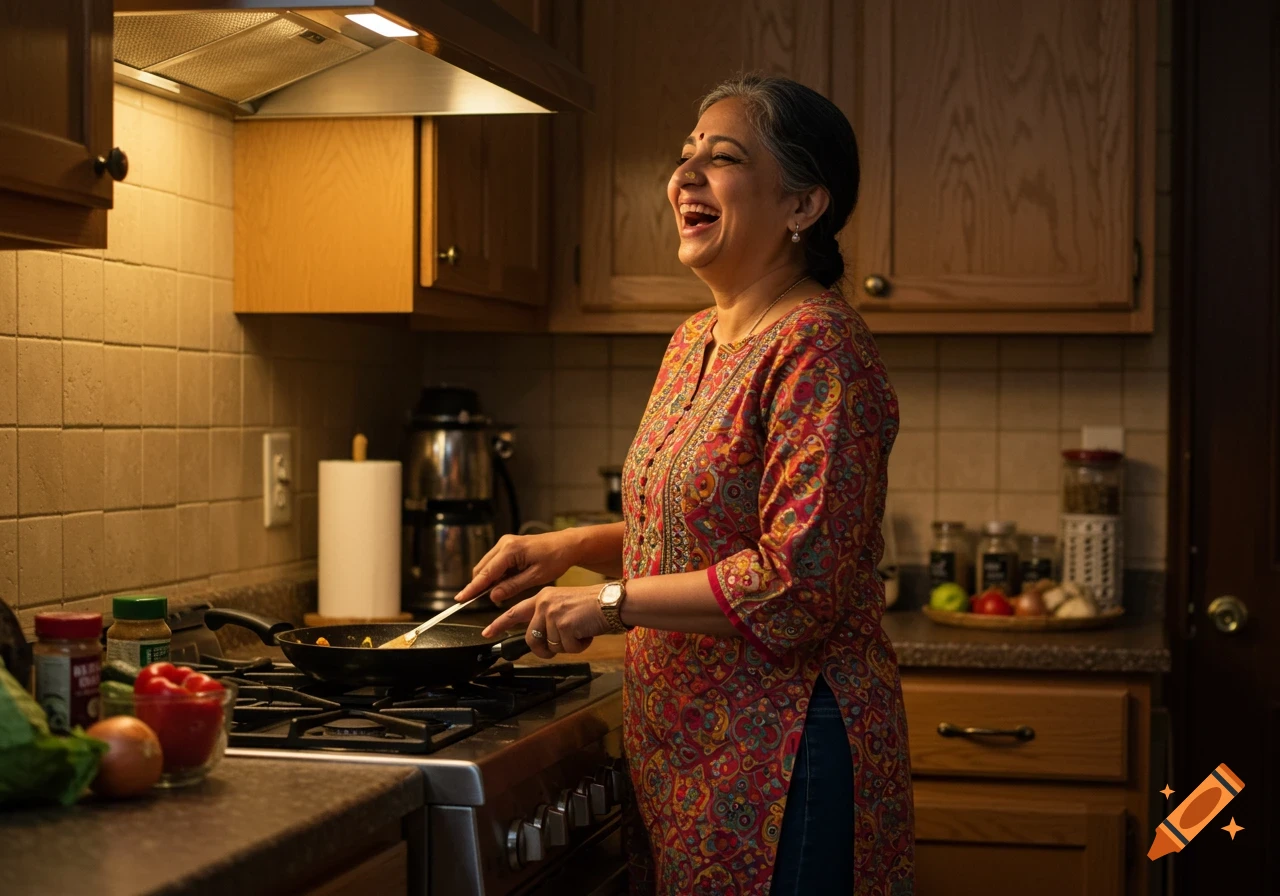 Happy Indian woman in a kurta laughing while cooking in a cozy kitchen.