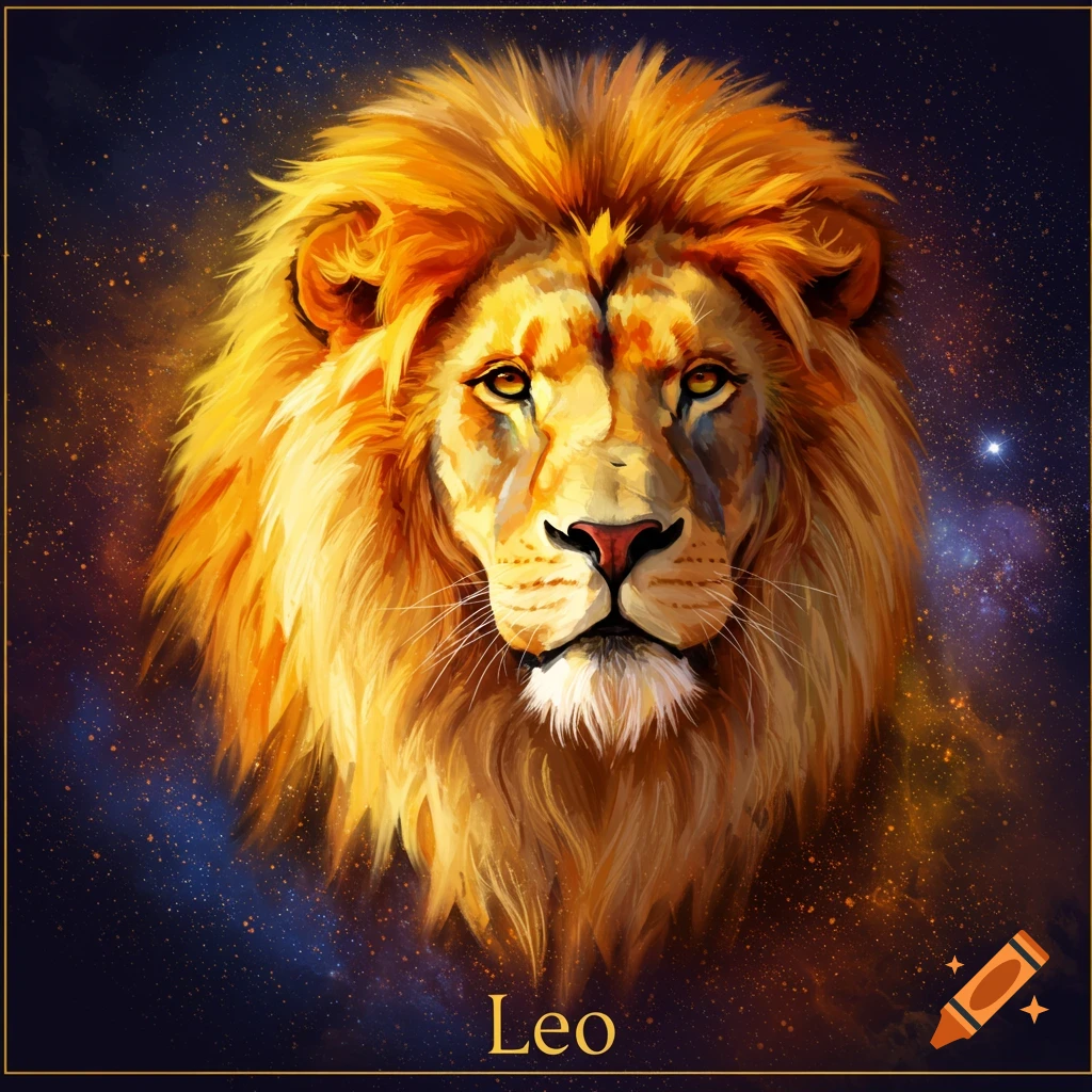 Stylized golden lion head with a fiery mane on a cosmic background, text 'Leo' below.