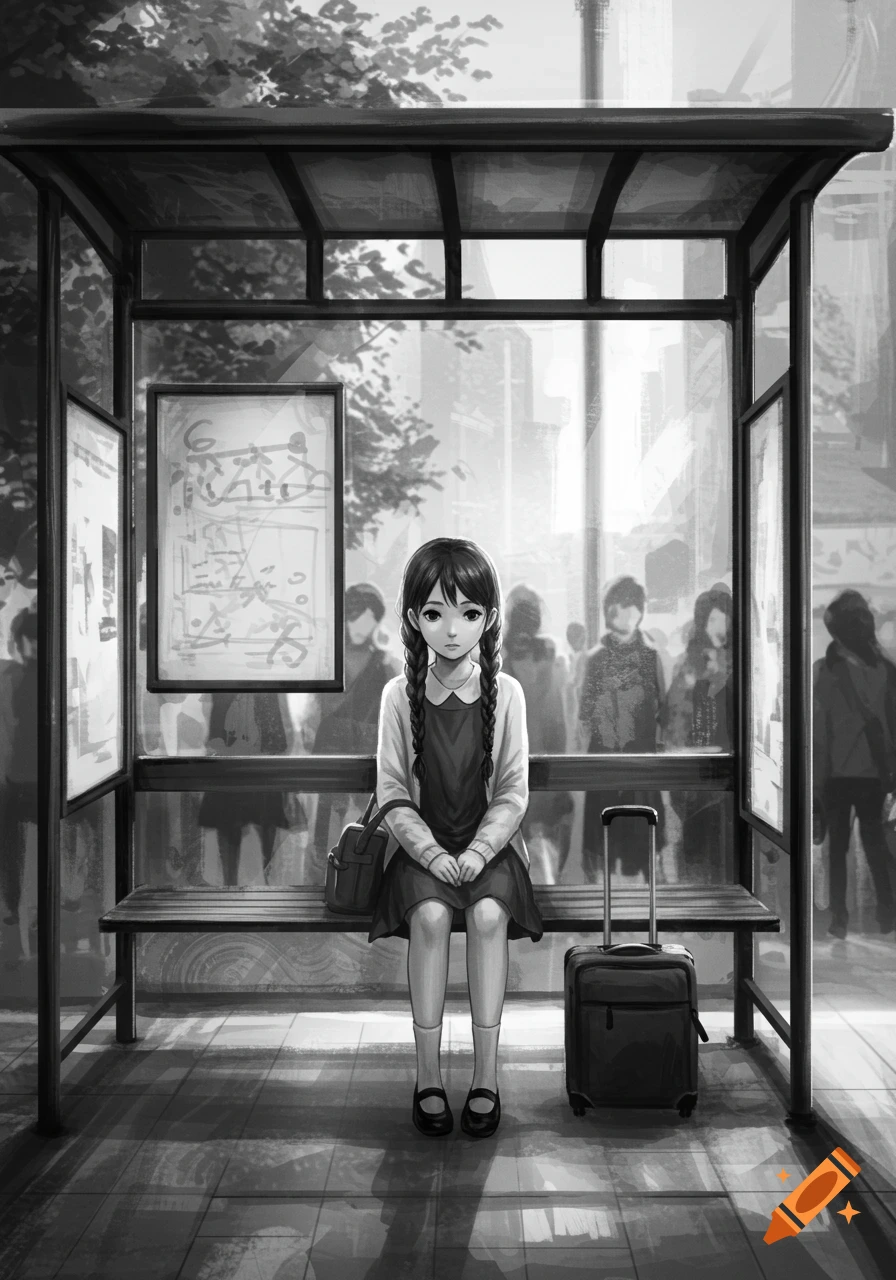 A black and white anime style illustration of a young girl with pigtails sitting alone on a bench at a bus stop with a small bag and luggage.