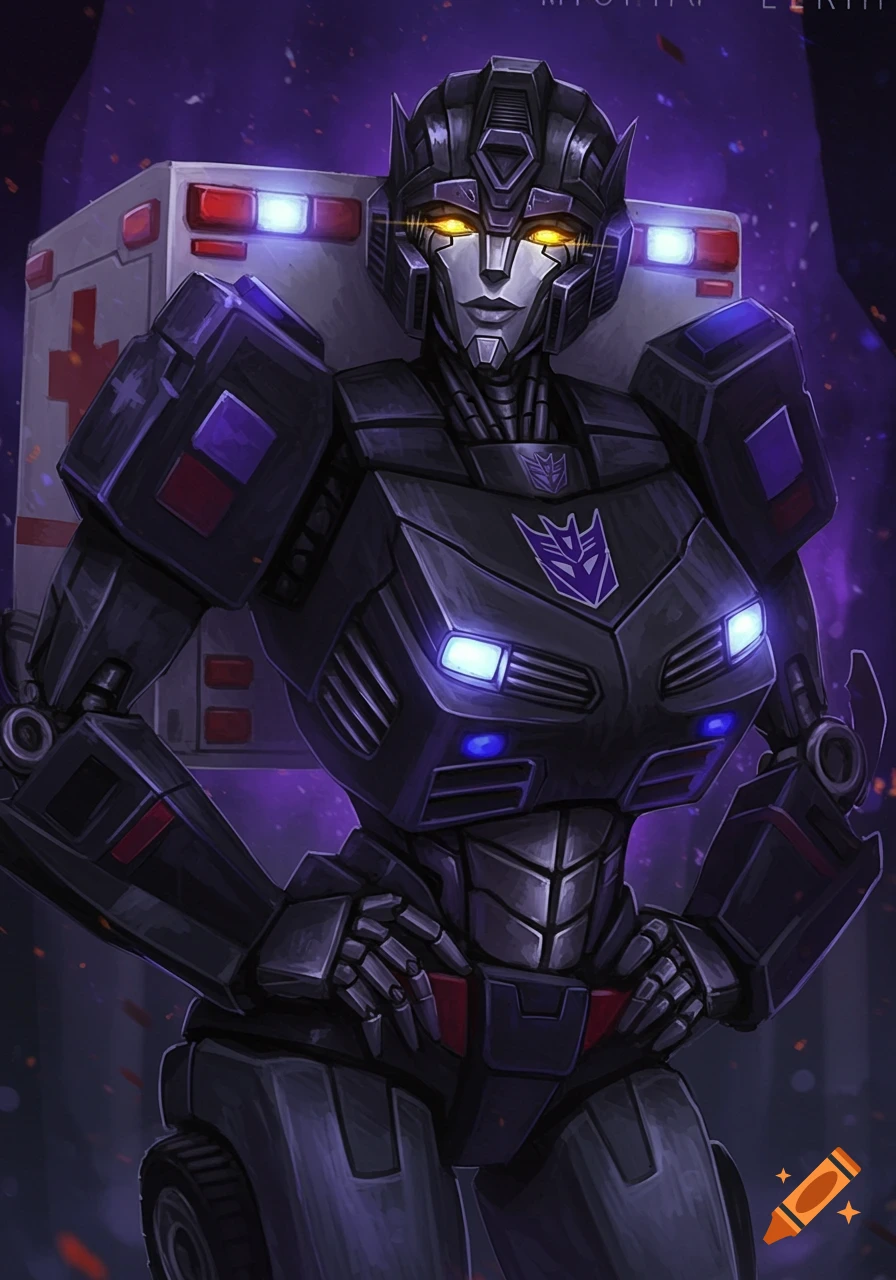 Illustrated dark-armored female Decepticon robot with yellow eyes, purple accents, and ambulance back.
