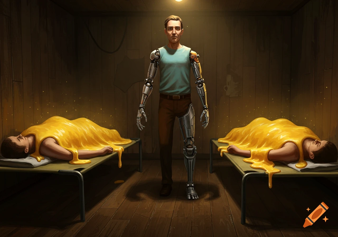 A man with robotic arms and legs stands in a dimly lit room between two cots, each holding a person covered in yellow, melted queso.
