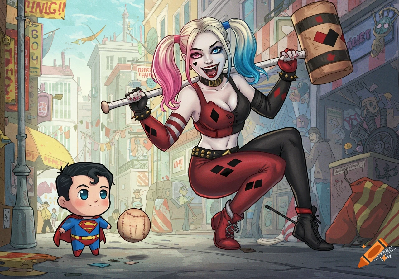 A stylized cartoon of Harley Quinn and a tiny Superman in a vibrant city street. Harley, with pink and blue pigtails, holds a baseball bat and a mallet. Tiny Superman stands beside a baseball.