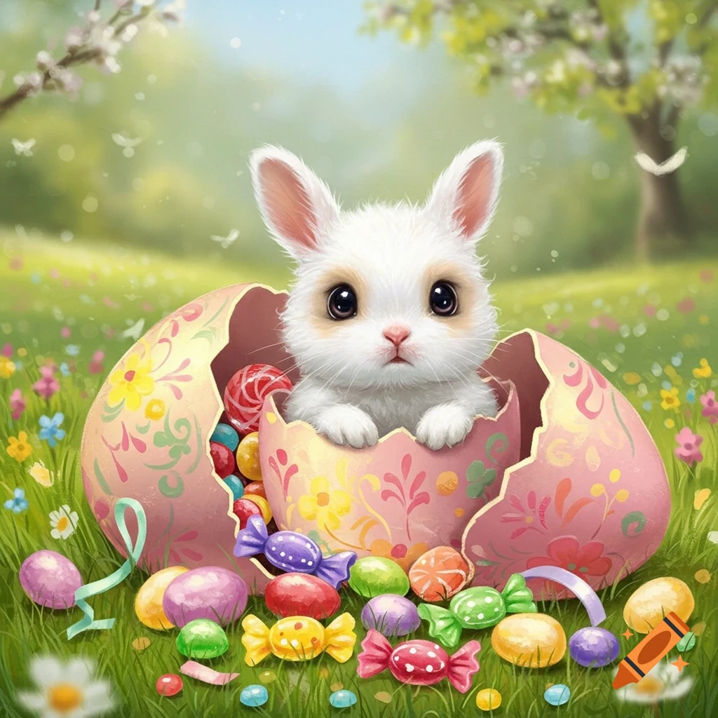 A white fluffy baby rabbit with big eyes peeks out of a broken pink Easter egg filled with colorful candies in a grassy spring field with flowers.