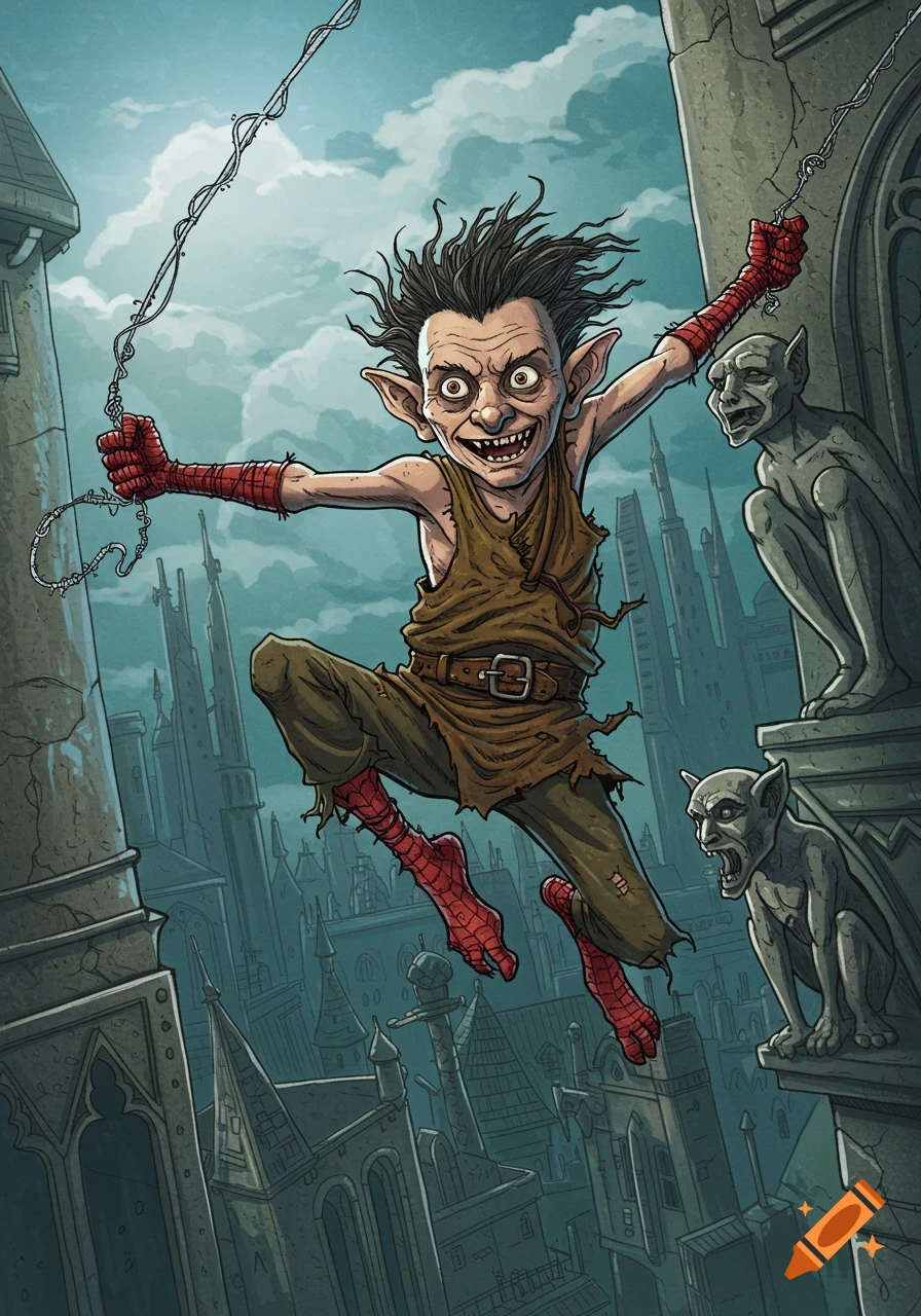 A cartoonish, grotesque creature resembling Kreacher, with Spiderman-like elements, swings through a gothic city.