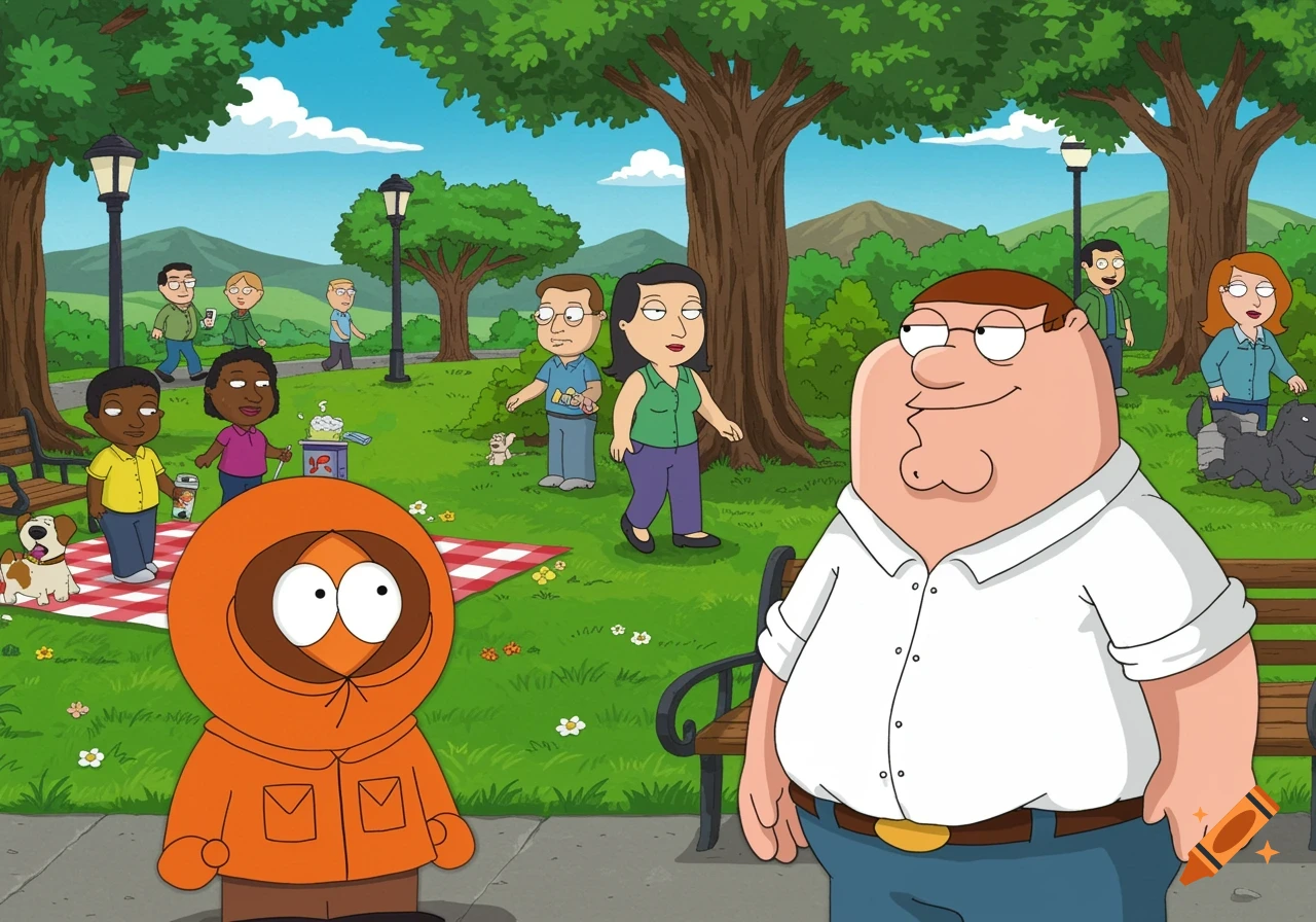 Peter Griffin and Kenny in a park, surrounded by trees and other animated characters, in a cartoon style.