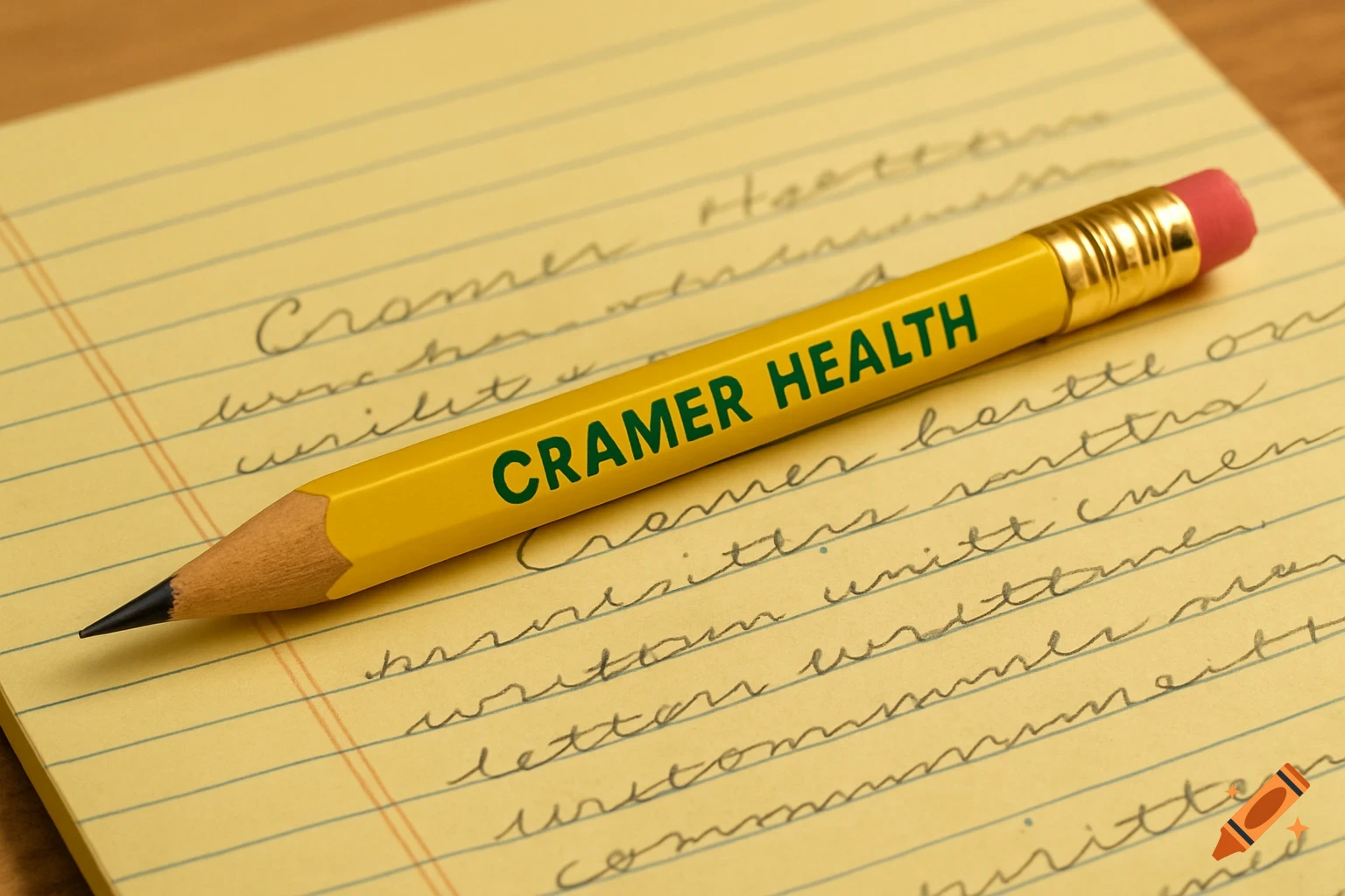 A yellow #2 pencil with "CRAMER HEALTH" in green text lies diagonally on a yellow legal pad with handwritten notes.
