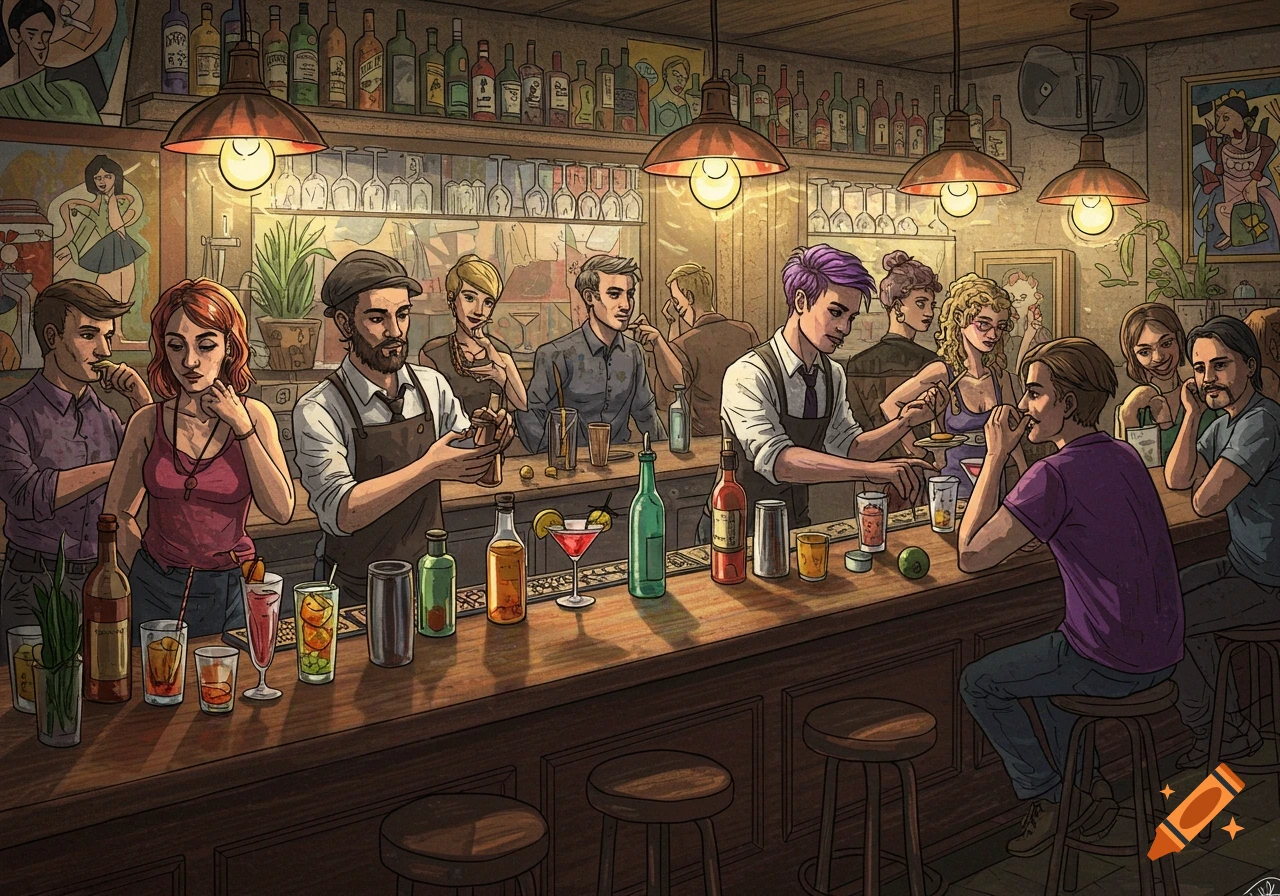 Illustration of two bartenders serving drinks to several patrons at a lively, eclectic bar.