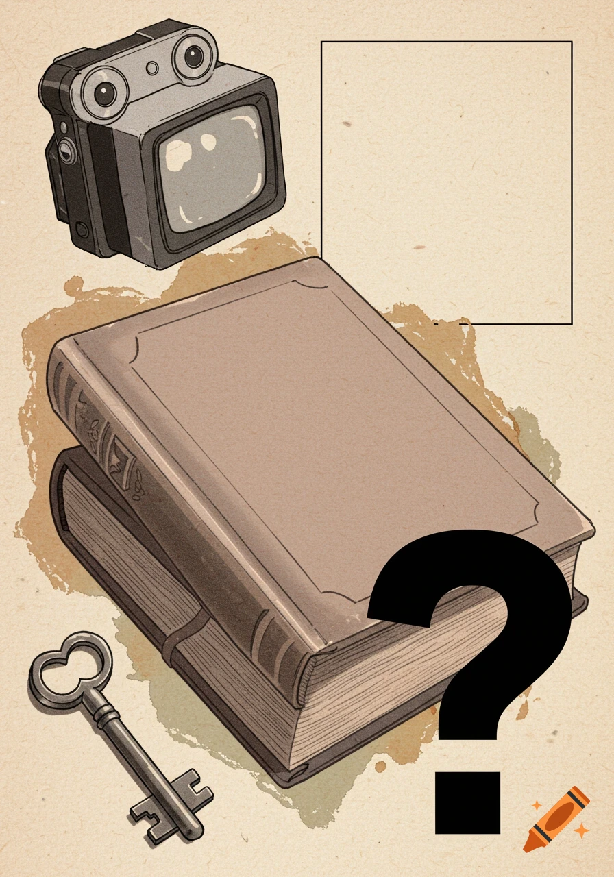 A vintage-style illustration featuring a stack of old books, a retro camera, an antique key, and a large black question mark, on a textured background with a blank square.