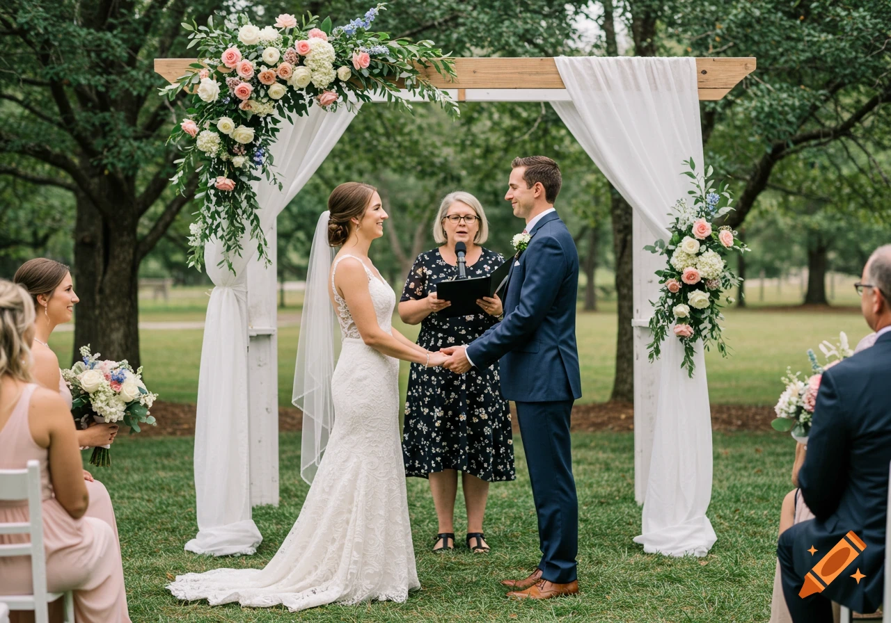 A bride and groom hold hands under a floral arch during an outdoor wedding ceremony.