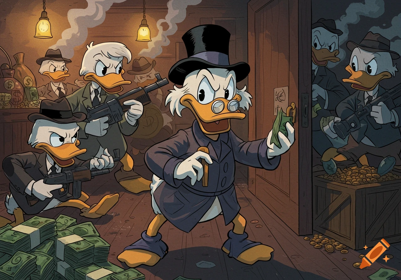 Scrooge McDuck and other ducks dressed as mobsters with tommy guns, surrounded by piles of money and gold coins.