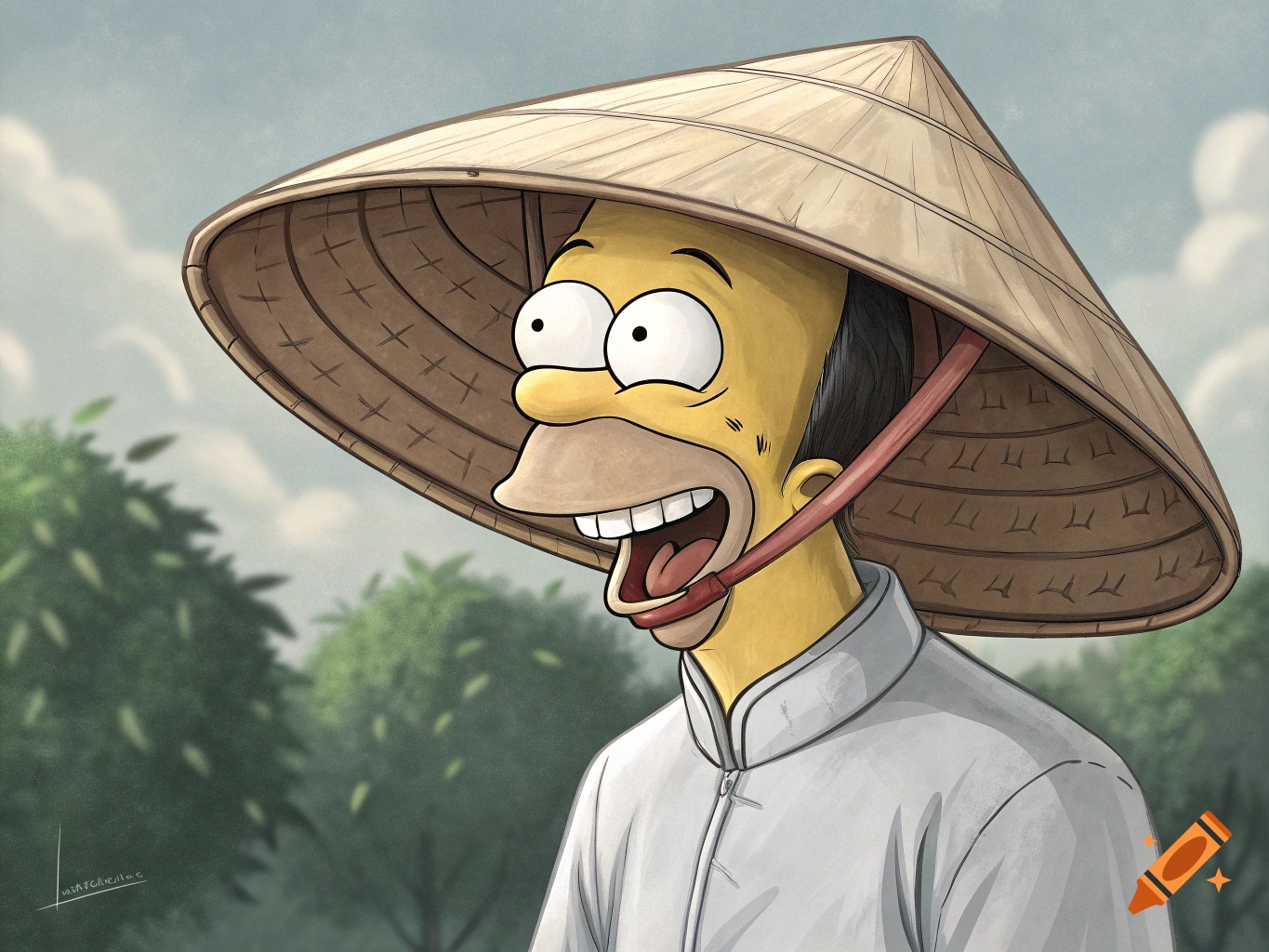 Homer Simpson with a wide smile, wearing a traditional Vietnamese conical hat and white shirt, with green trees in the background.