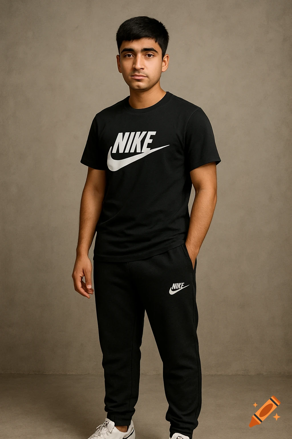 A young man with black short hair stands against a plain background, wearing a black Nike t-shirt, black Nike sweatpants, and white sneakers.