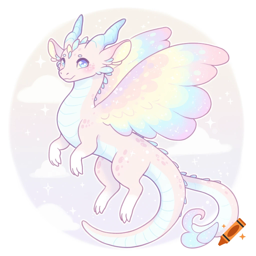 A whimsical, pastel rainbow-colored dragon with large wings, a curled tail, and a dreamy expression floats among stars and clouds.