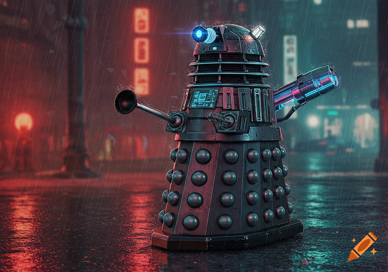 A detailed, photorealistic cyberpunk Dalek stands on a wet, rainy city street at night, illuminated by neon lights.