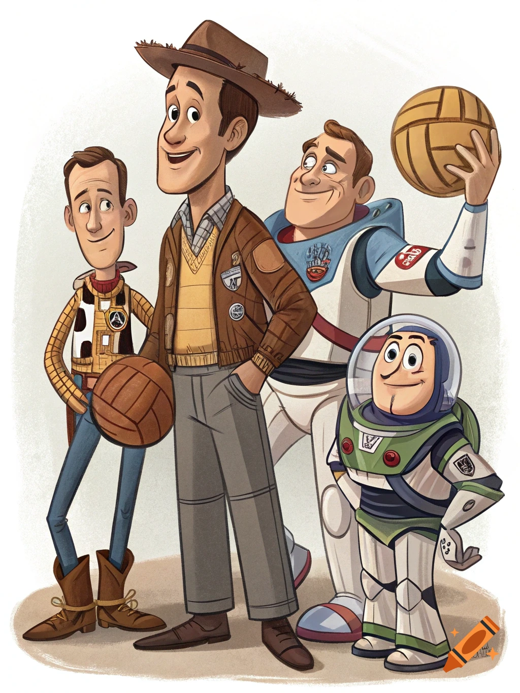 An illustration depicting four characters played by Tom Hanks: Woody from Toy Story, Forrest Gump, Jim Lovell from Apollo 13, and Buzz Lightyear, standing together.
