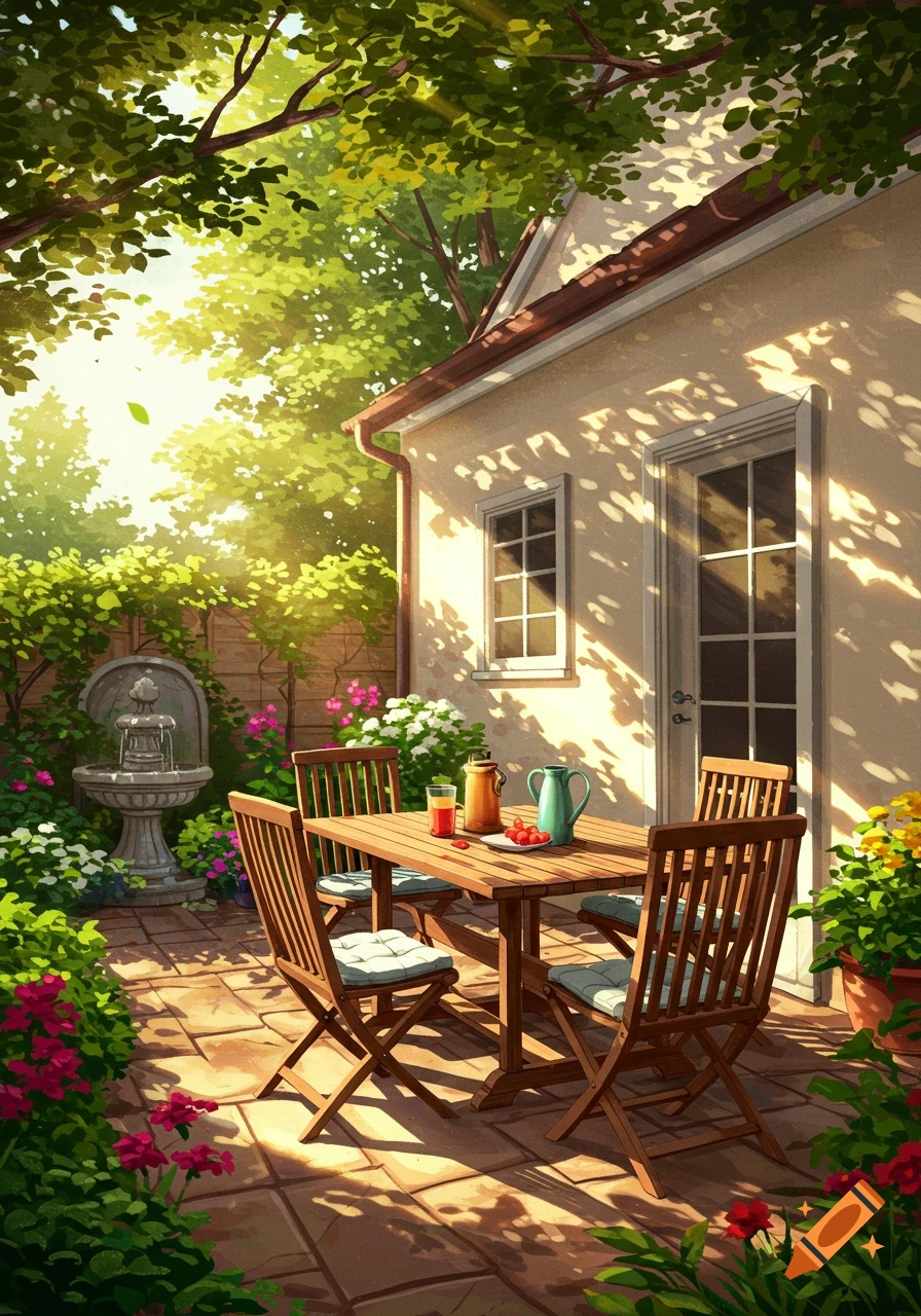 A vibrant, illustrative image of a sunny back patio with a wooden table, chairs, a stone fountain, and lush green plants and flowers. Sunlight dapples the scene.