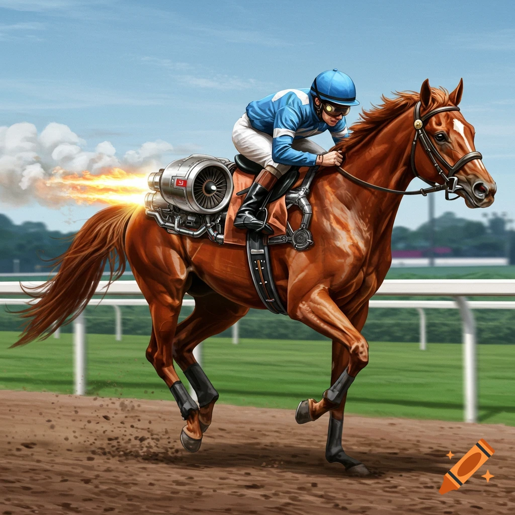 A jockey rides a brown racehorse with a large jet engine strapped to its back, galloping on a dirt track.