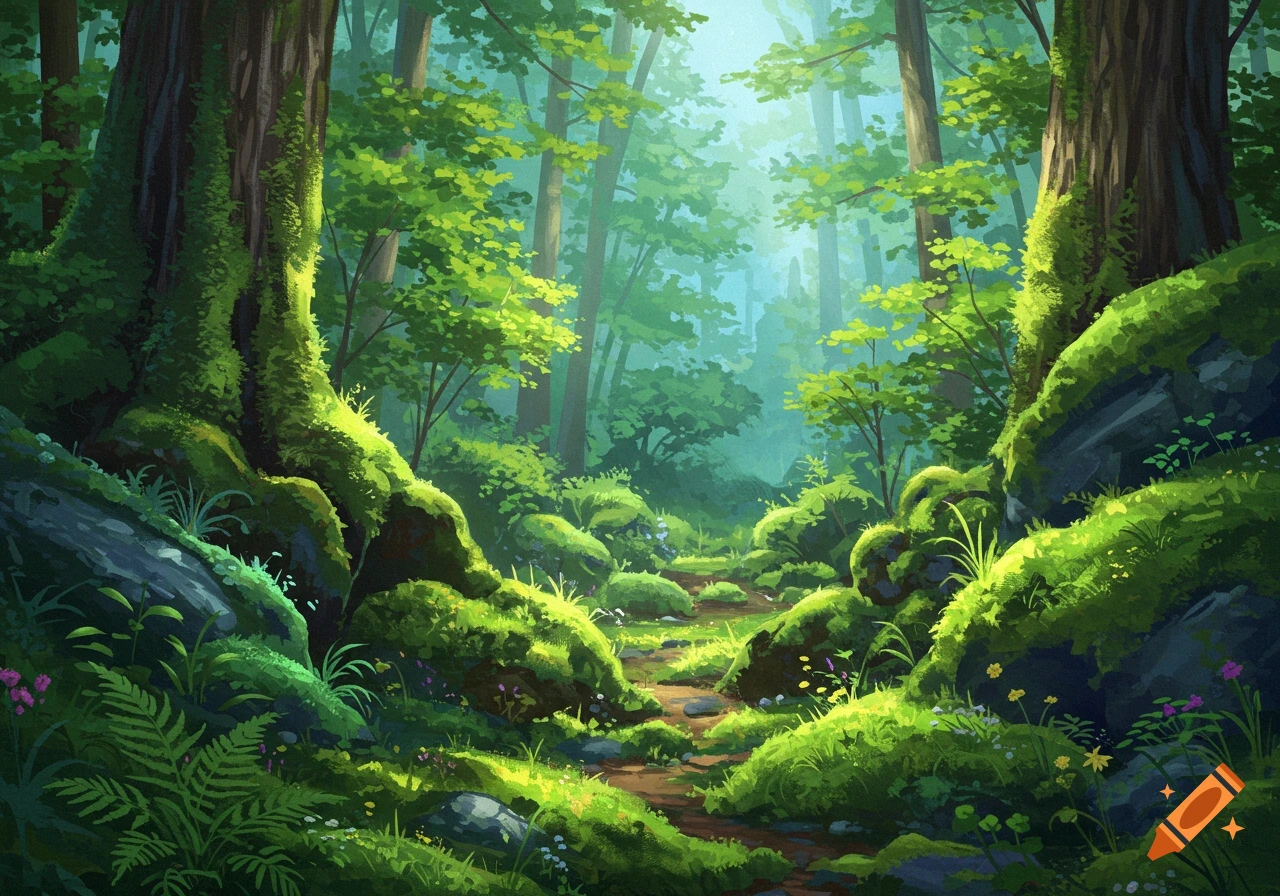 A vibrant green forest with tall trees, moss-covered rocks, and a sun-dappled path winding through, in a painterly style.
