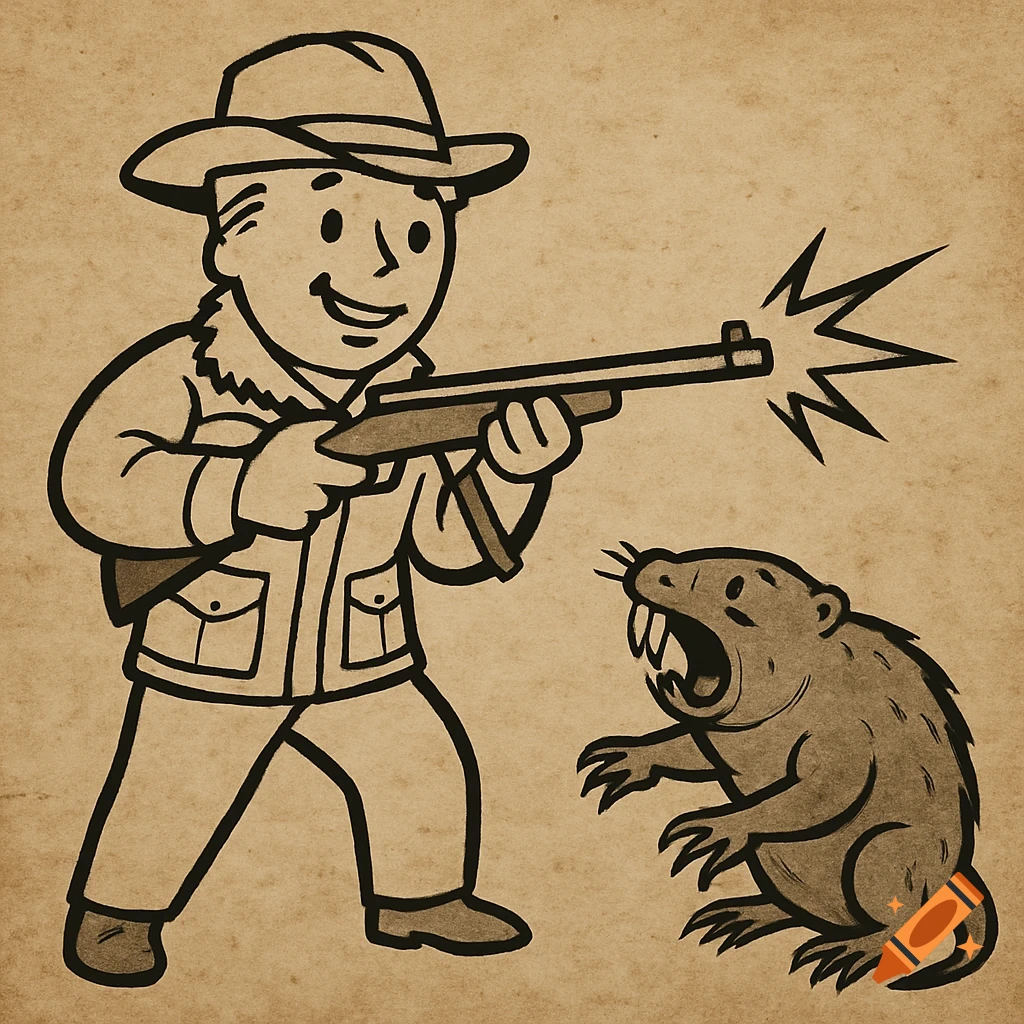 Cartoon illustration in Fallout style of Vault Boy in hunting gear shooting a shotgun at a mole rat.