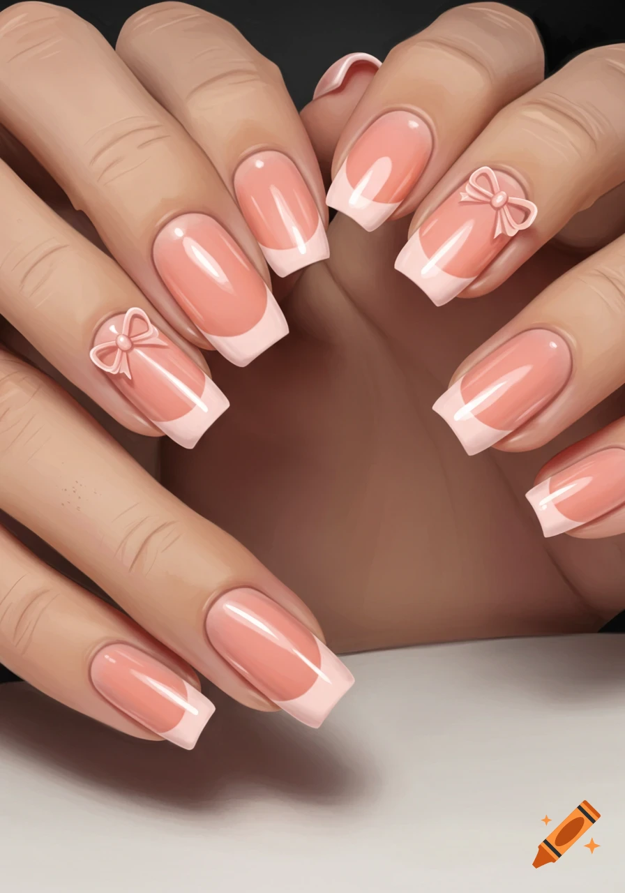 Close-up digital painting of hands with peachy pink French tip nails and bow designs on the ring fingers.