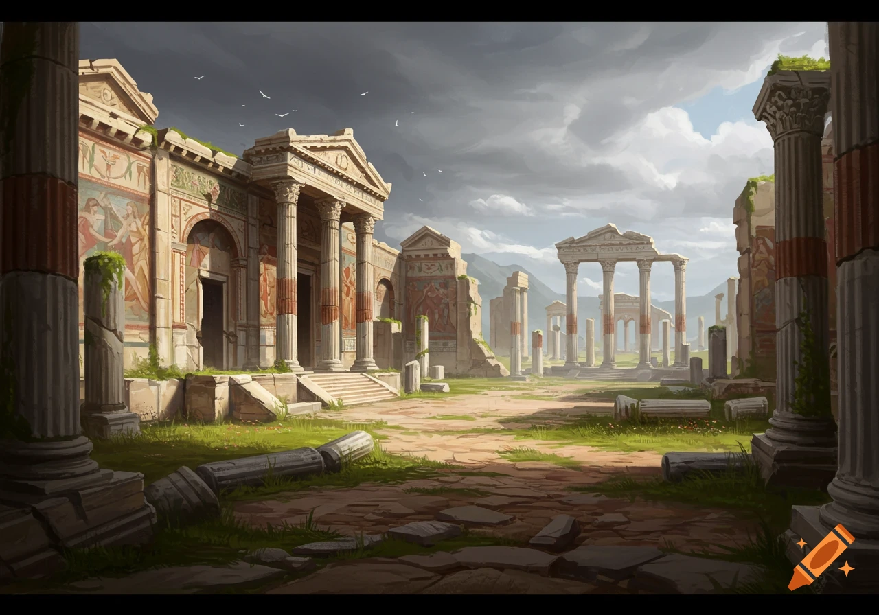 Expansive digital painting of ancient stone ruins with tall columns, overgrown grass, and fallen debris under a cloudy sky.