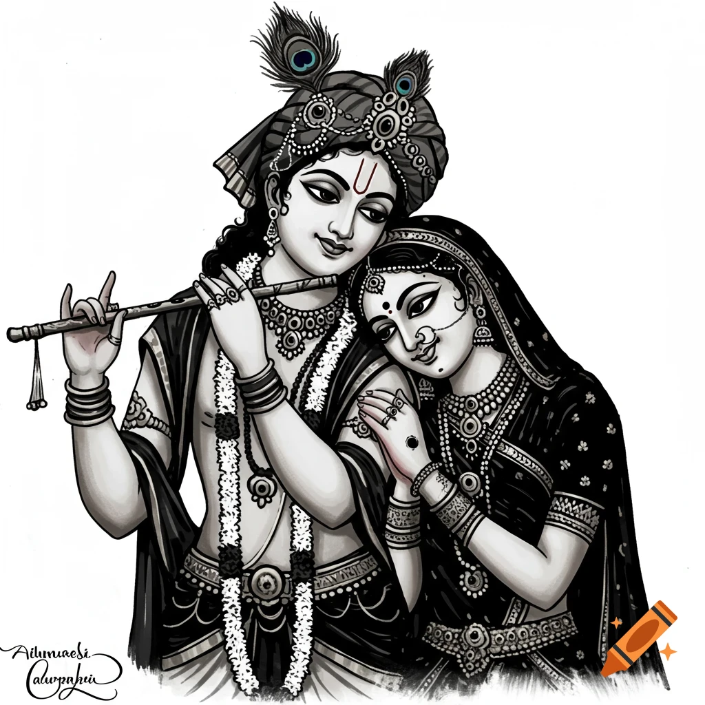 Black and white illustration of Hindu deities Krishna and Radha with flute and peacock feathers.