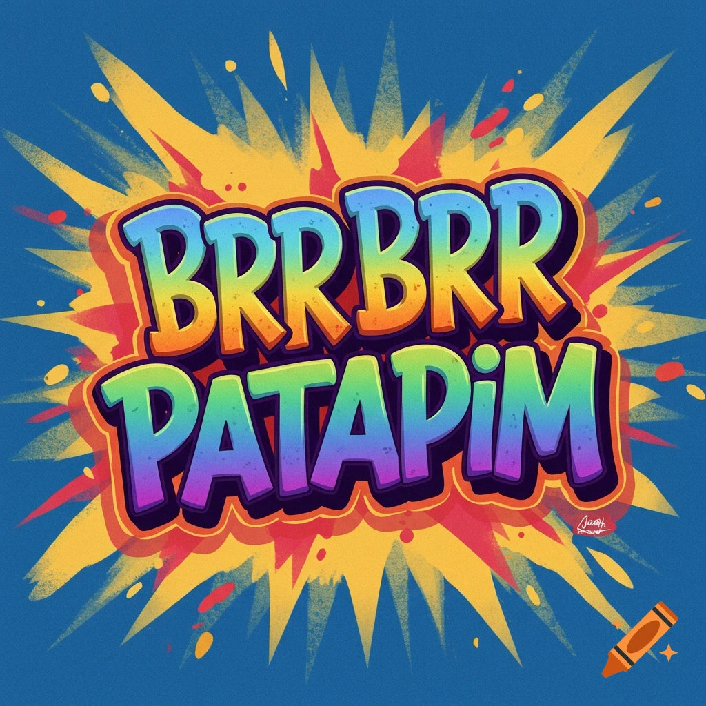 The words 'BRRBRR PATAPIM' in colorful, stylized bubble letters with an explosion background on a blue canvas.