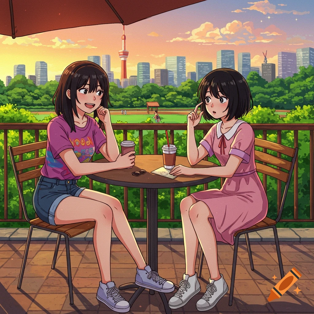 Two anime girls talk at an outdoor table, sipping drinks, with a city skyline at sunset in the background.